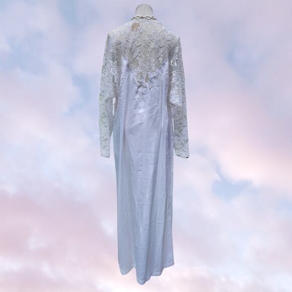Vtg 90s Cabernet Satin White Long Maxi Lace Beaded Sleeve Robe Cover Up Sz S - Picture 4 of 8